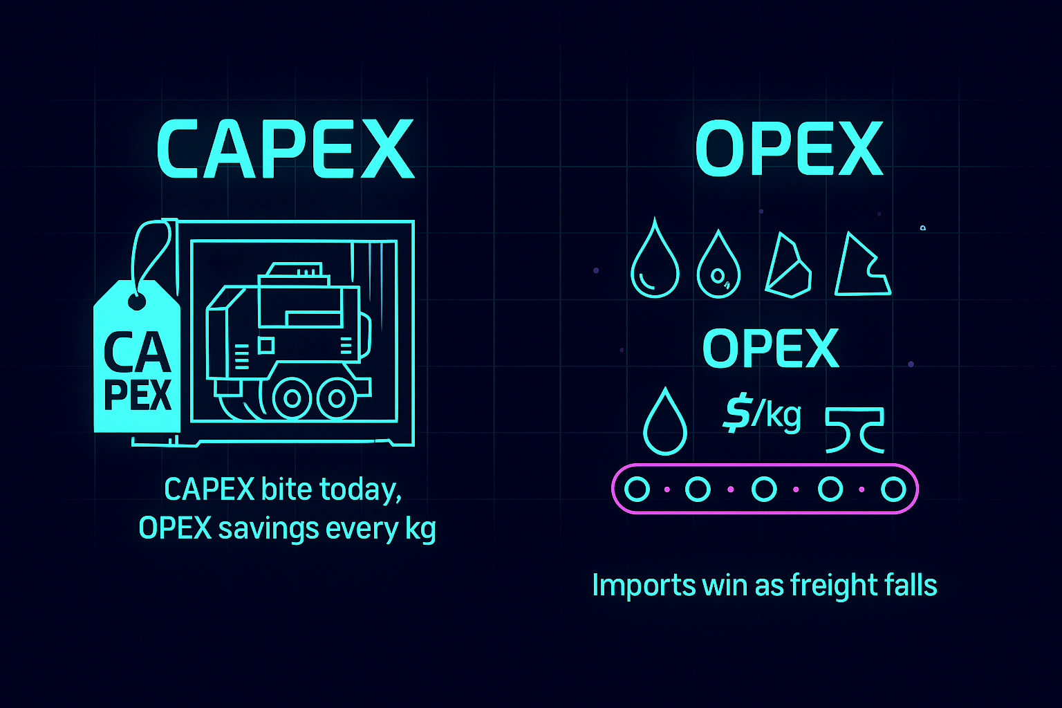 Factory CAPEX vs per-kg OPEX with note that imports win when freight is cheap.