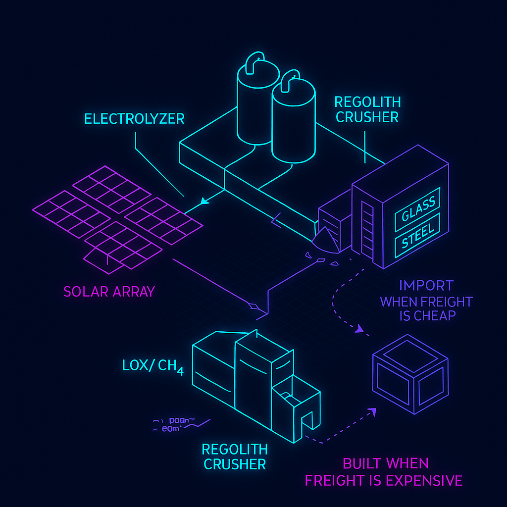 Isometric Mars micro-factory showing local production flow vs import alternative.