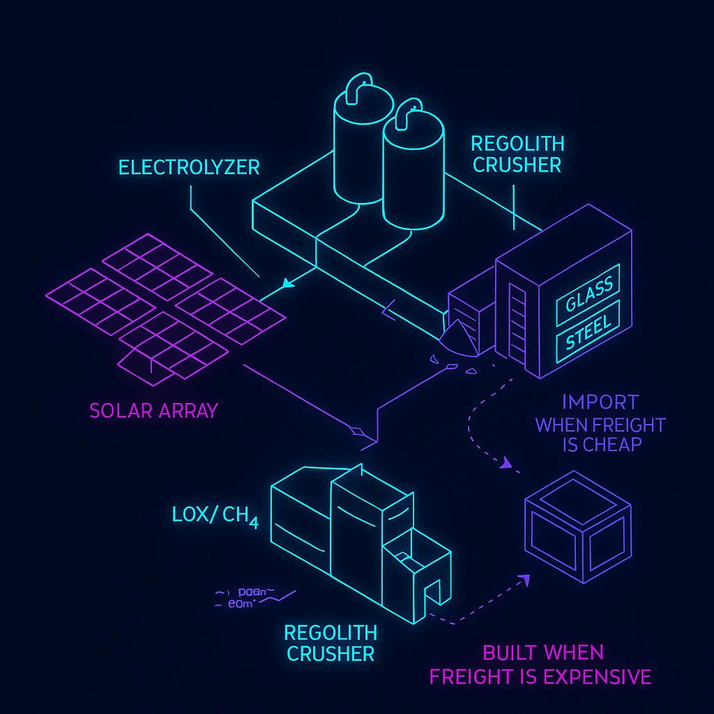 Isometric Mars micro-factory showing local production flow vs import alternative.